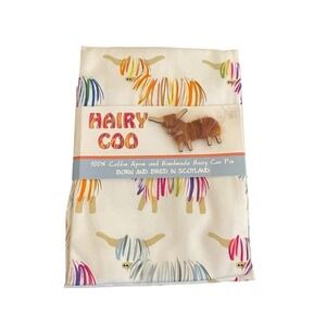 Hairy Coo Scotland 100% Cotton Apron and Handmade Highland Cow Pin Set NEW